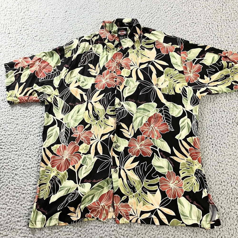 Harley-Davidson Shirt Mens Large Black‎ Hawaiian Aloha Short Sleeve Made USA
